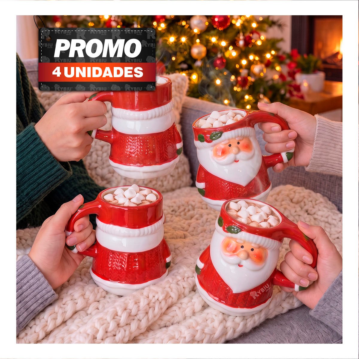 PACK4 MUG ROJO CON DECORACION NAVIDENA DE PAPA NOEL 15X10X12CM - 1