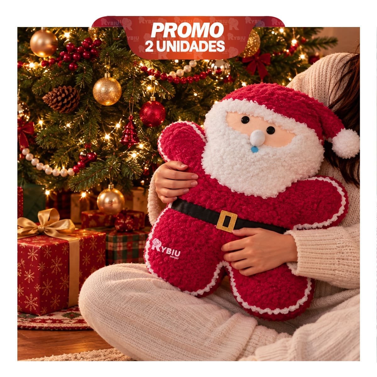 PACK2 ALMOHADILLA DECORATIVA CON PAPA NOEL EN PELUCHE CRESPO ROJO YREGALO STICKER - 1