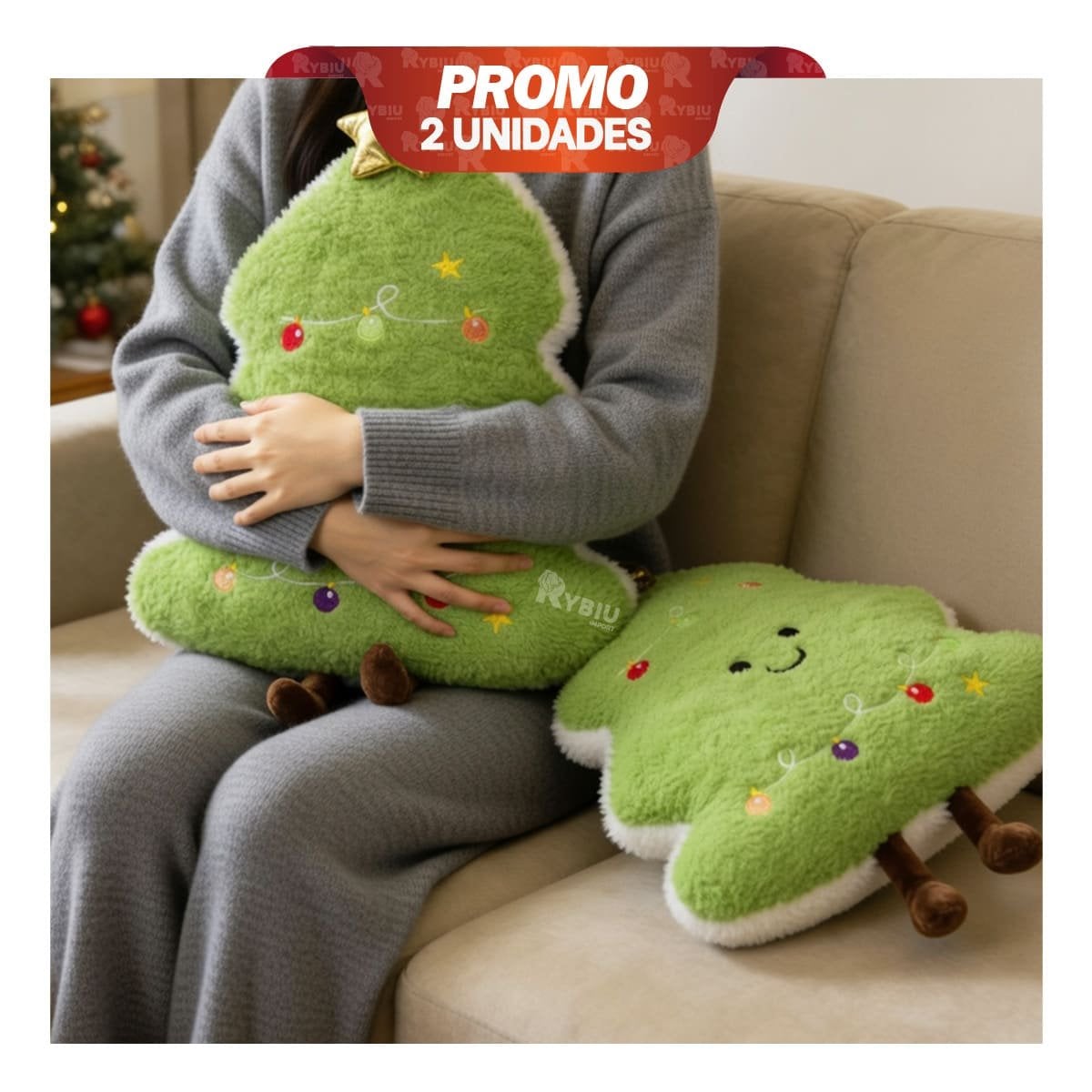 PACK2 ALMOHADILLA DECORATIVA DE NAVIDAD CON FORMA DE PINO VERDE CLARO YREGALO STICKER - 1