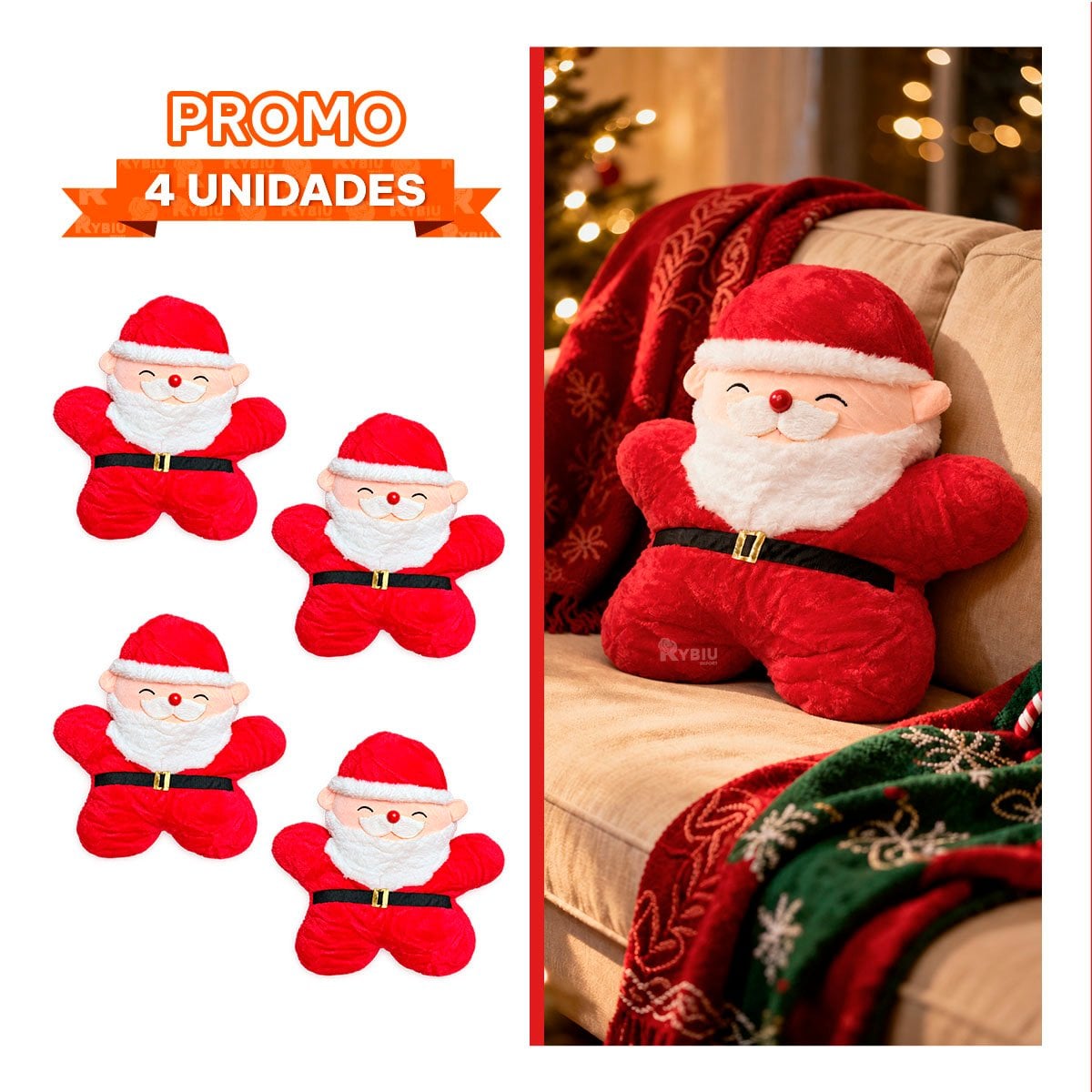 PACK4 ALMOHADON NAVIDENO CON TEXTURA LISA DE PAPA NOEL ROJO YPAPEL REGALO - 1