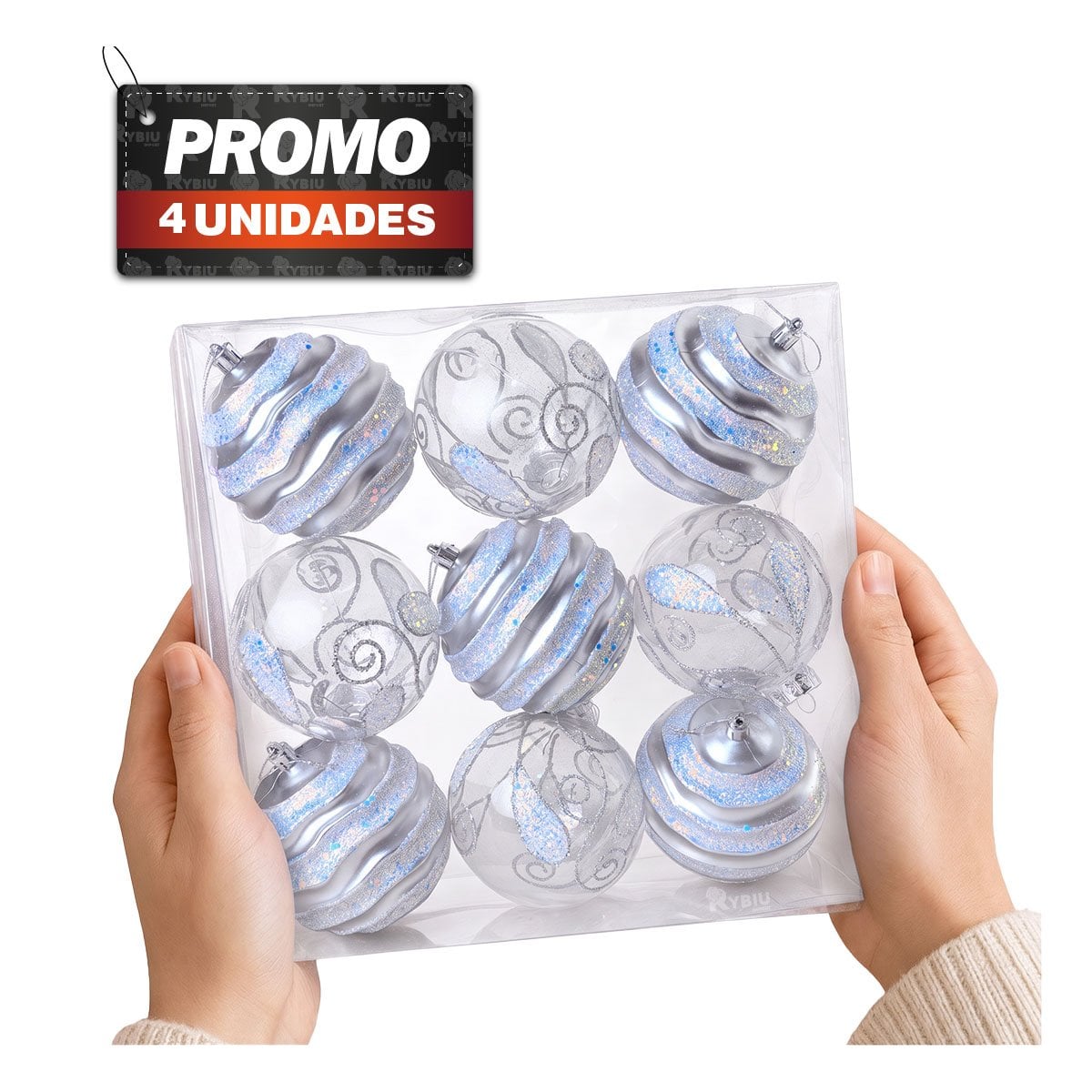 PACK4 ESFERAS 9 NAVIDENAS CON RAYAS 10CM PLATEADO - 1