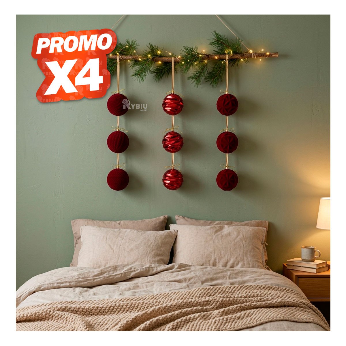 PACK4 ESFERAS 9 BRILLANTES PARA ARBOL 8CM BORGONA YREGALO STICKER - 1