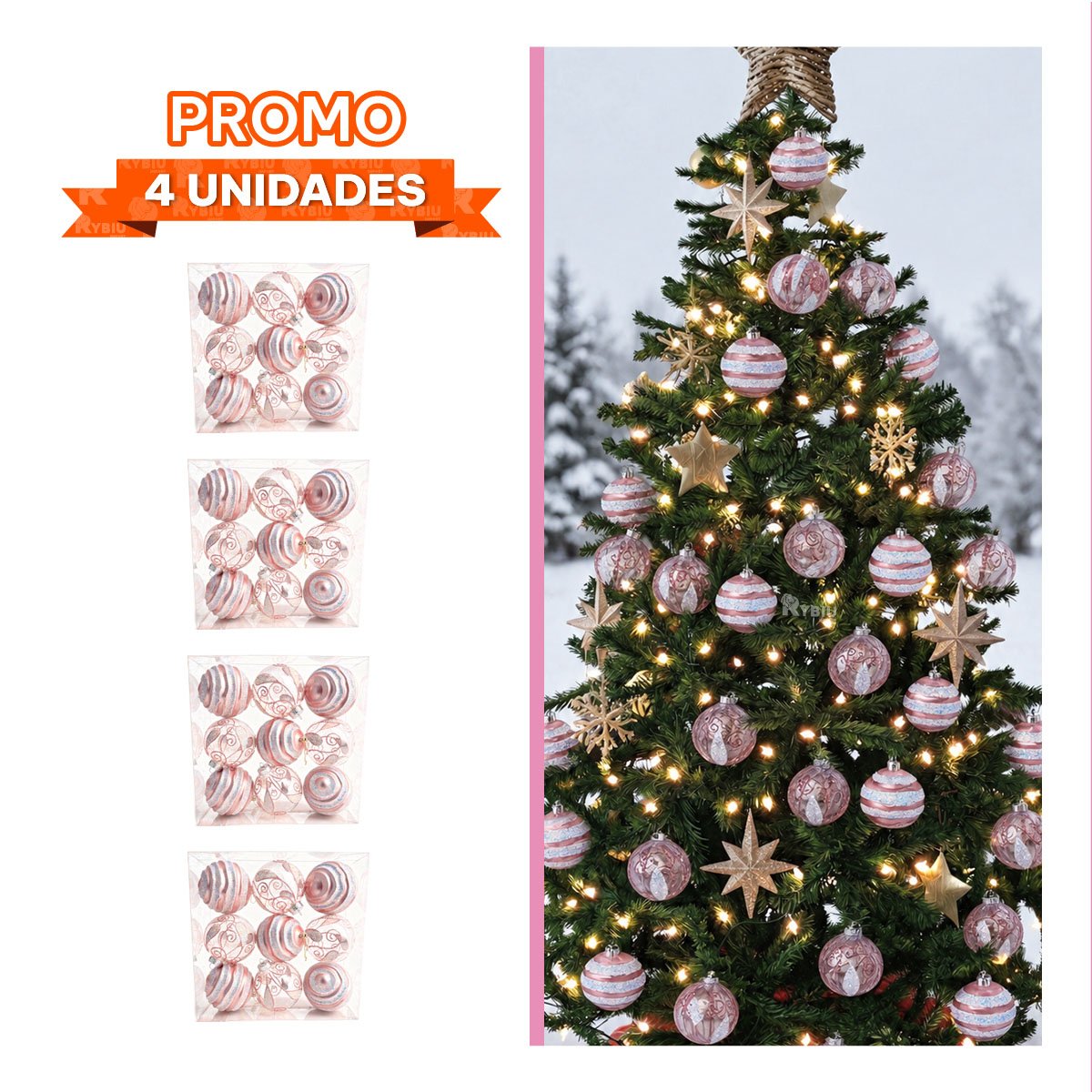 PACK4 ESFERAS 9 RAYADAS PARA DECORAR 10CM ROSADO YPAPEL REGALO - 1