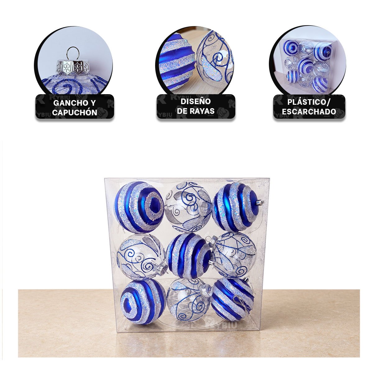 PACK2 DECORACIONES DE 9 BOLAS PARA ARBOL 10CM AZUL YPAPEL REGALO - 2