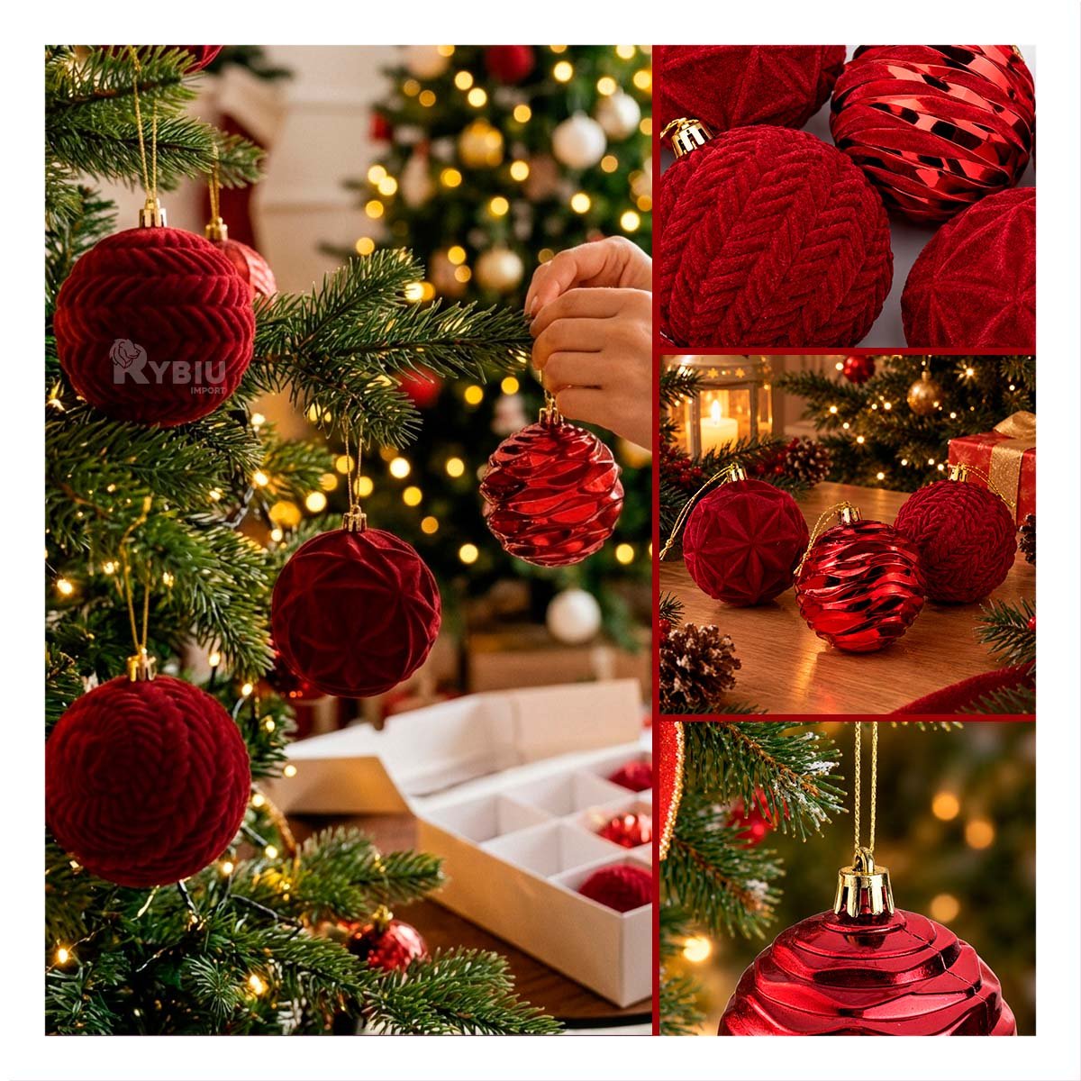 SET 9 BOLAS PARA ARBOL NAVIDENO 8CM BORGONA - 3