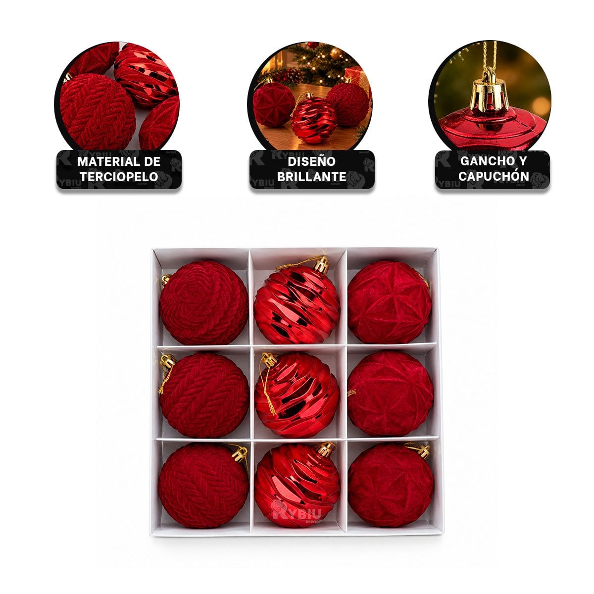 SET 9 BOLAS PARA ARBOL NAVIDENO 8CM BORGONA - 4