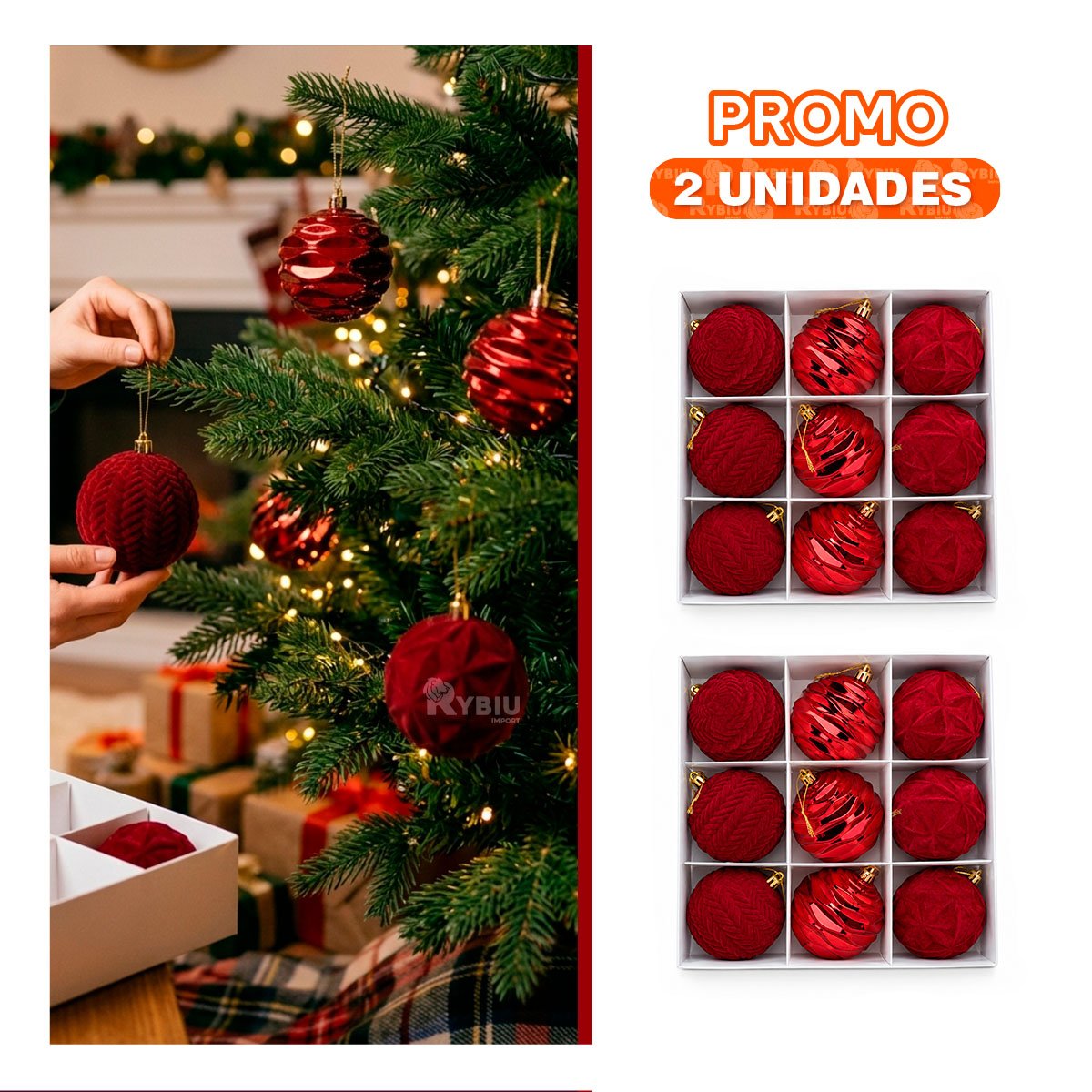 PACK2 DECORACIONES DE 9 BOLAS PARA ARBOL 8CM BORGONA YPAPEL REGALO - 1