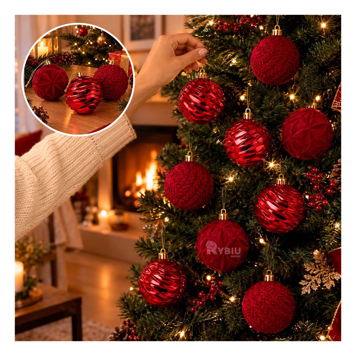 PACK2 DECORACIONES DE 9 BOLAS PARA ARBOL 8CM BORGONA YPAPEL REGALO - 3