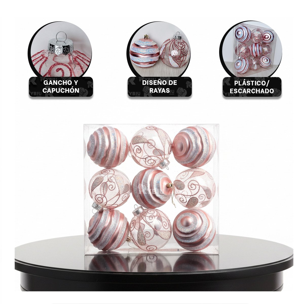 SET 9 ADORNOS TRANSPARENTES PARA NAVIDAD 10CM ROSADO Y REGALO STICKER - 4