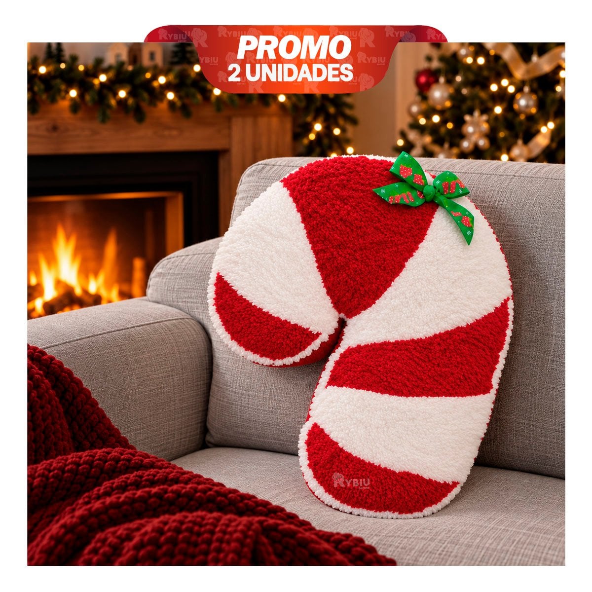 PACK2 ALMOHADILLA DECORATIVA CON FIGURA DE BASTON DE CARAMELO ROJO Y BLANCO YREGALO STICKER - 1