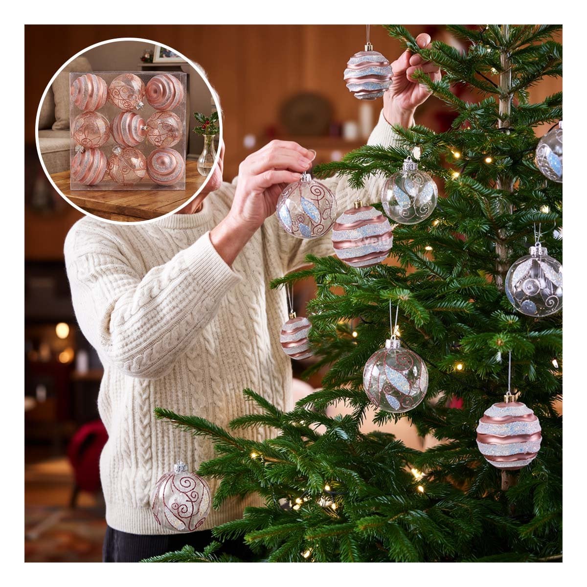 SET 9 BOLAS CON RAYAS PARA ARBOL DE NAVIDAD 10CM ROSADO Y STICKY - 1