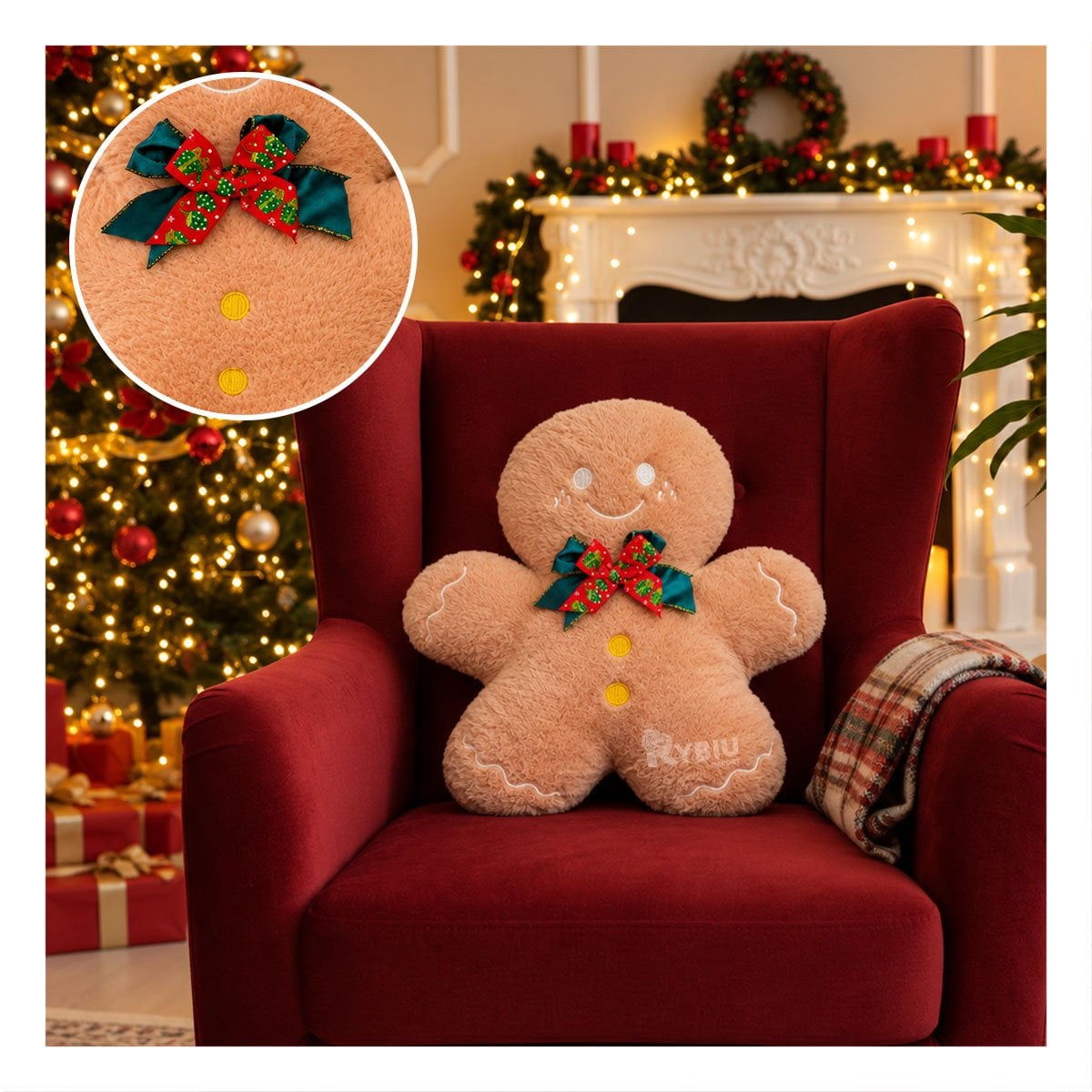 ALMOHADON DECORATIVO CON FIGURA DE HOMBRE DE JENGIBRE BEIGE Y PAPEL REGALO - 1