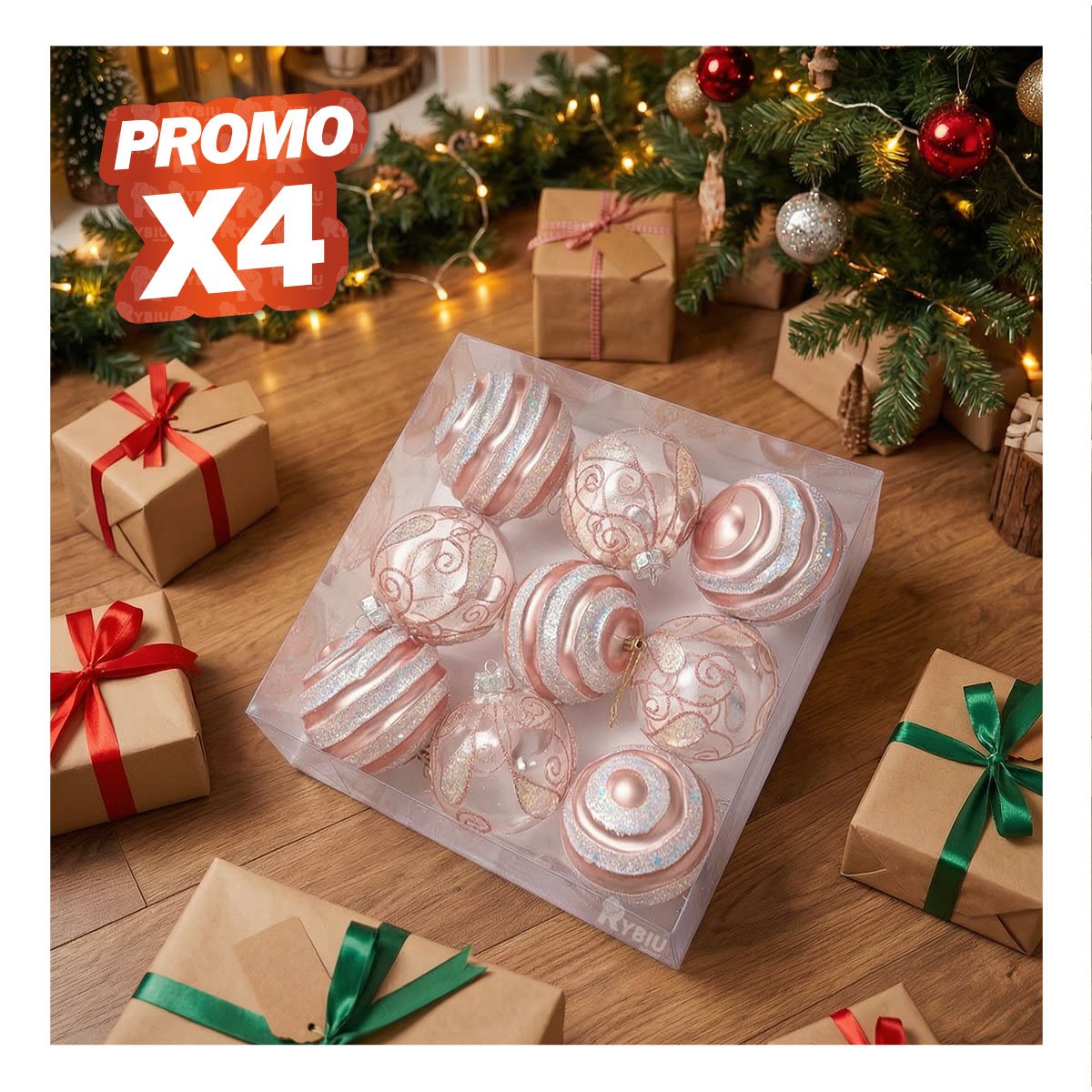 PACK4 ESFERAS 9 TRANSPARENTES PARA ARBOL 10CM ROSADO YREGALO STICKER - 1