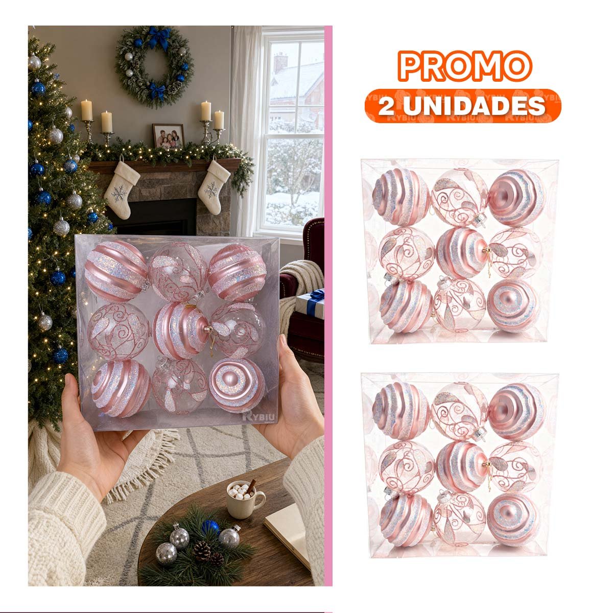 PACK2 DECORACIONES DE 9 BOLAS PARA ARBOL 10CM ROSADO YPAPEL REGALO - 1