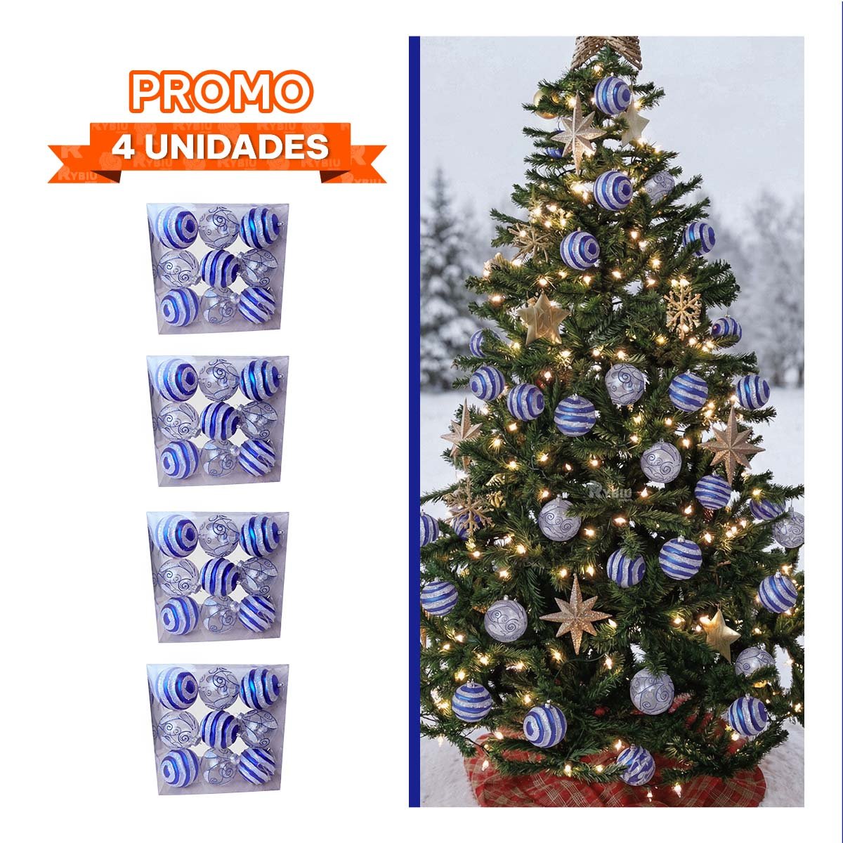 PACK4 ESFERAS 9 RAYADAS PARA DECORAR 10CM AZUL YPAPEL REGALO - 1