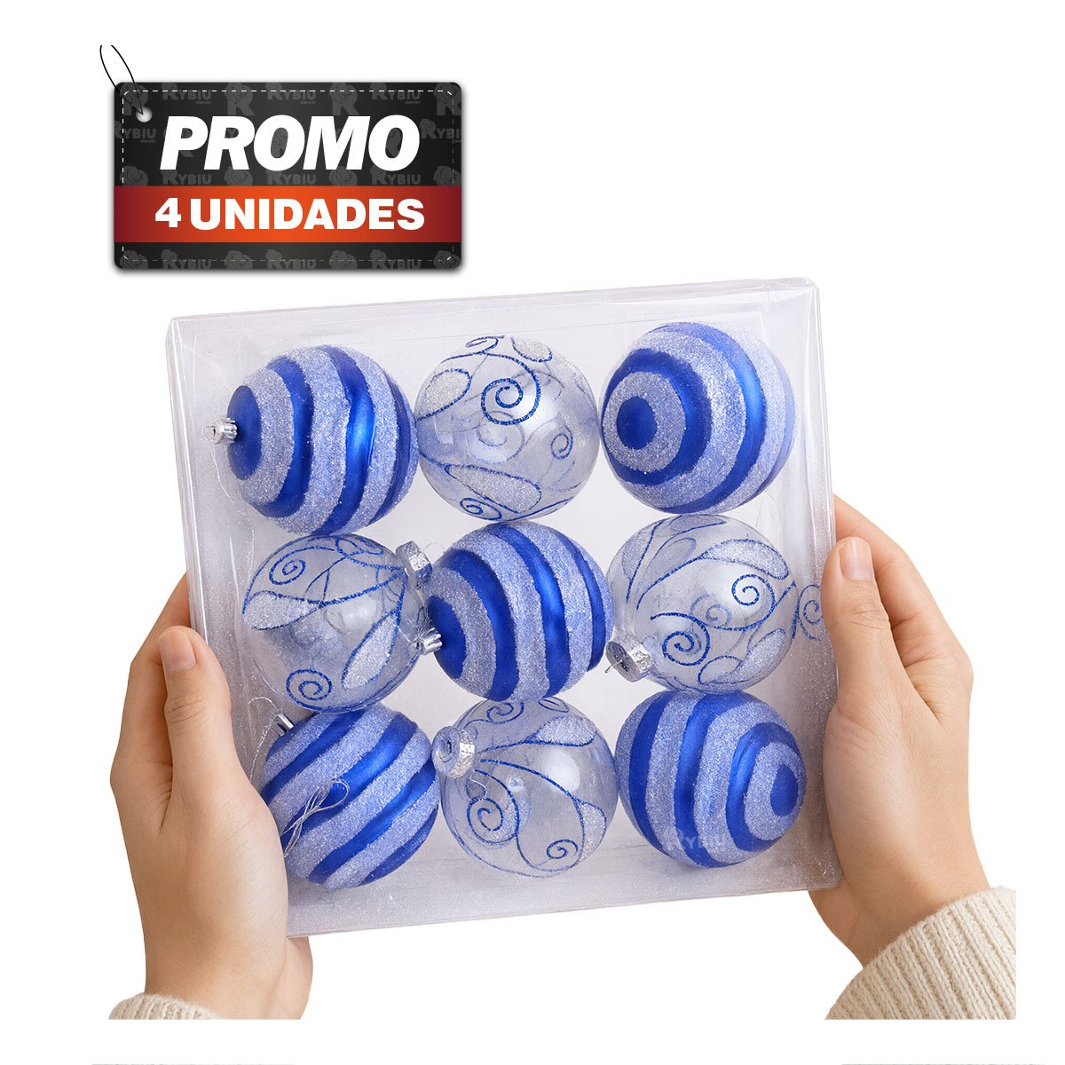 PACK4 ESFERAS 9 NAVIDENAS CON RAYAS 10CM AZUL - 1