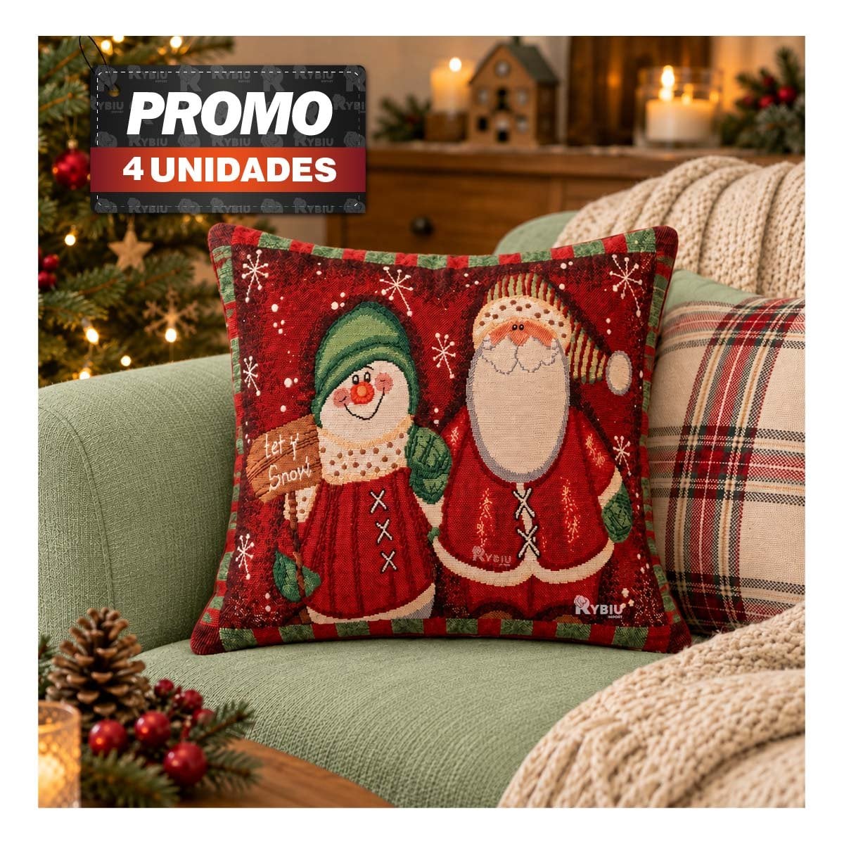 PACK4 FORRO DE COJIN CON SANTA Y MUNECO DE NIEVE 45X45CM ROJO - 1