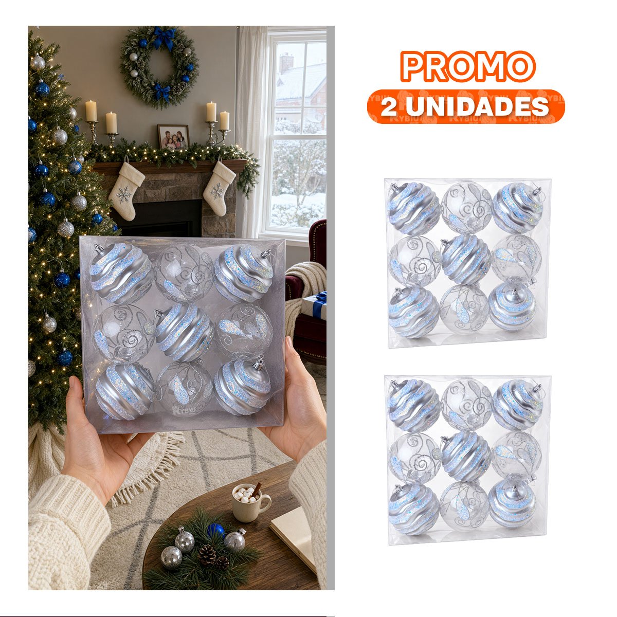 PACK2 DECORACIONES DE 9 BOLAS PARA ARBOL 10CM PLATEADO YPAPEL REGALO - 1