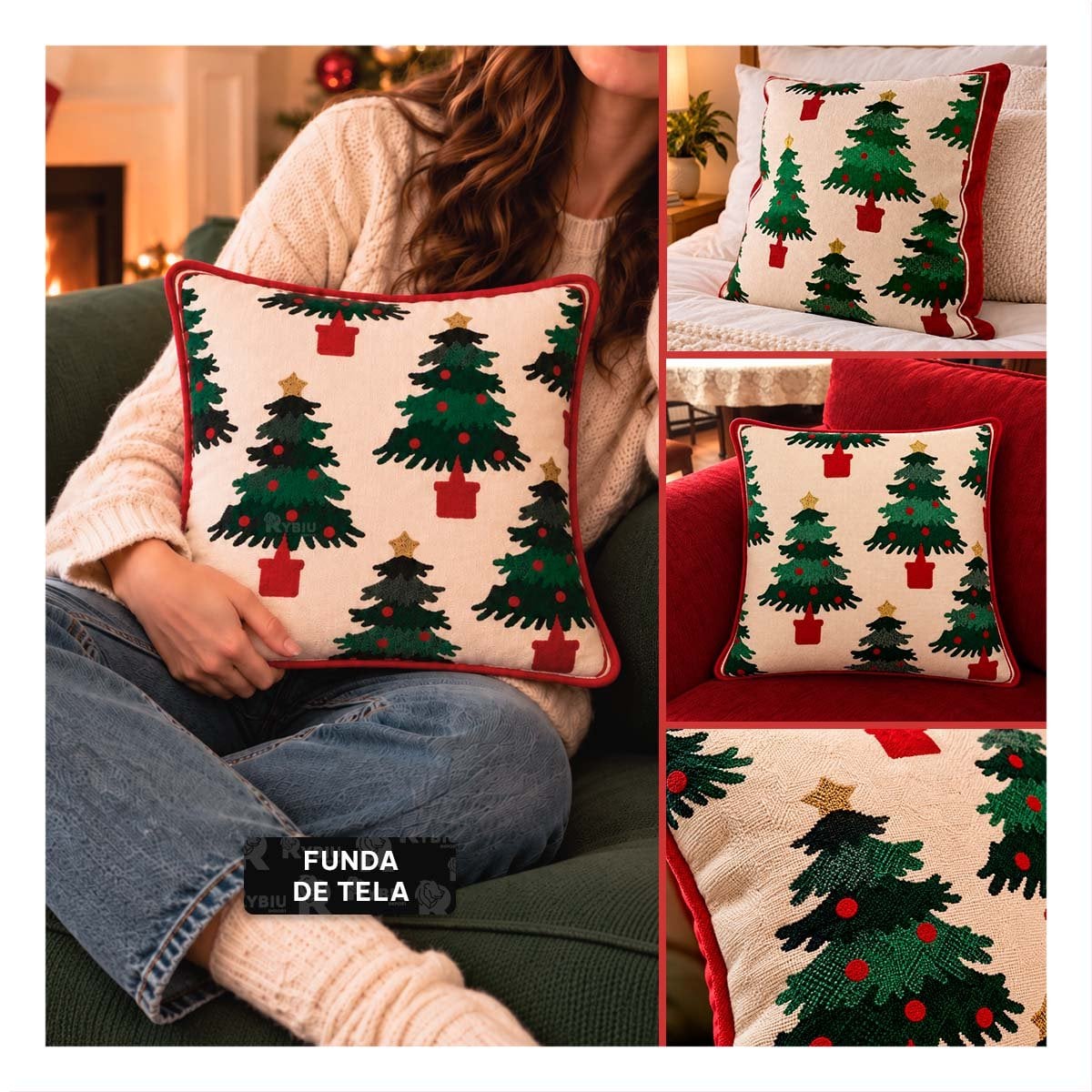 COJIN CON DISENO DE PINO NAVIDENO BEIGE - 3