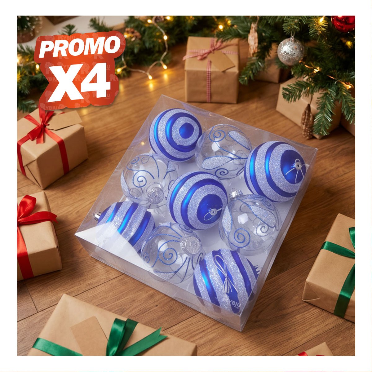 PACK4 ESFERAS 9 TRANSPARENTES PARA ARBOL 10CM AZUL YREGALO STICKER - 1