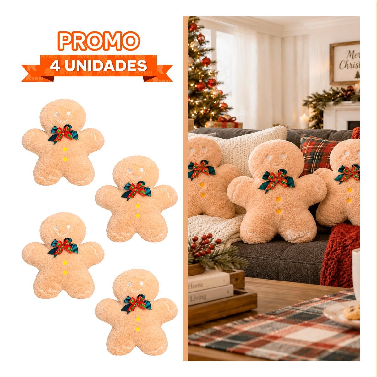 PACK4 ALMOHADON NAVIDENO CON TEXTURA LISA Y FIGURA DE JENGIBRE BEIGE YPAPEL REGALO - 1