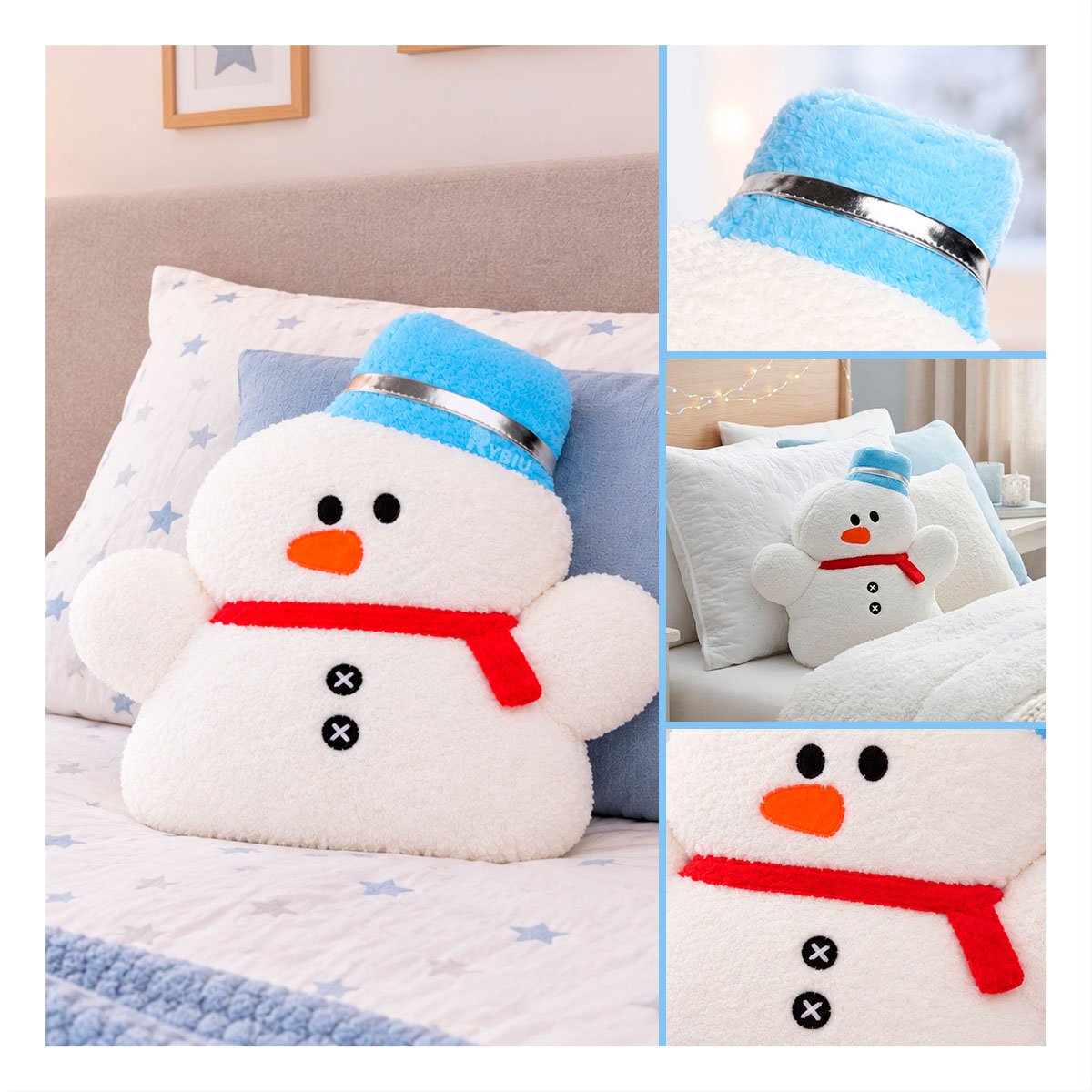 COJIN DE NAVIDAD CON DISENO DE MUNECO DE NIEVE BLANCO Y REGALO STICKER - 3