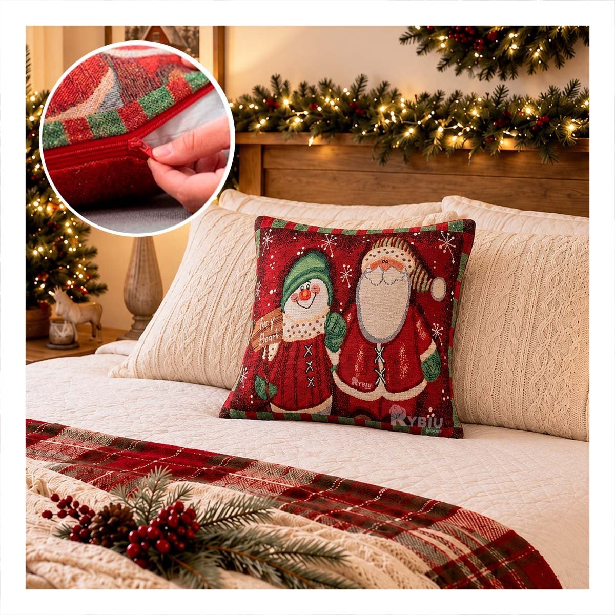 FUNDA PARA COJIN CON SANTA Y MUNECO DE NIEVE 45X45CM ROJO Y PAPEL REGALO - 1