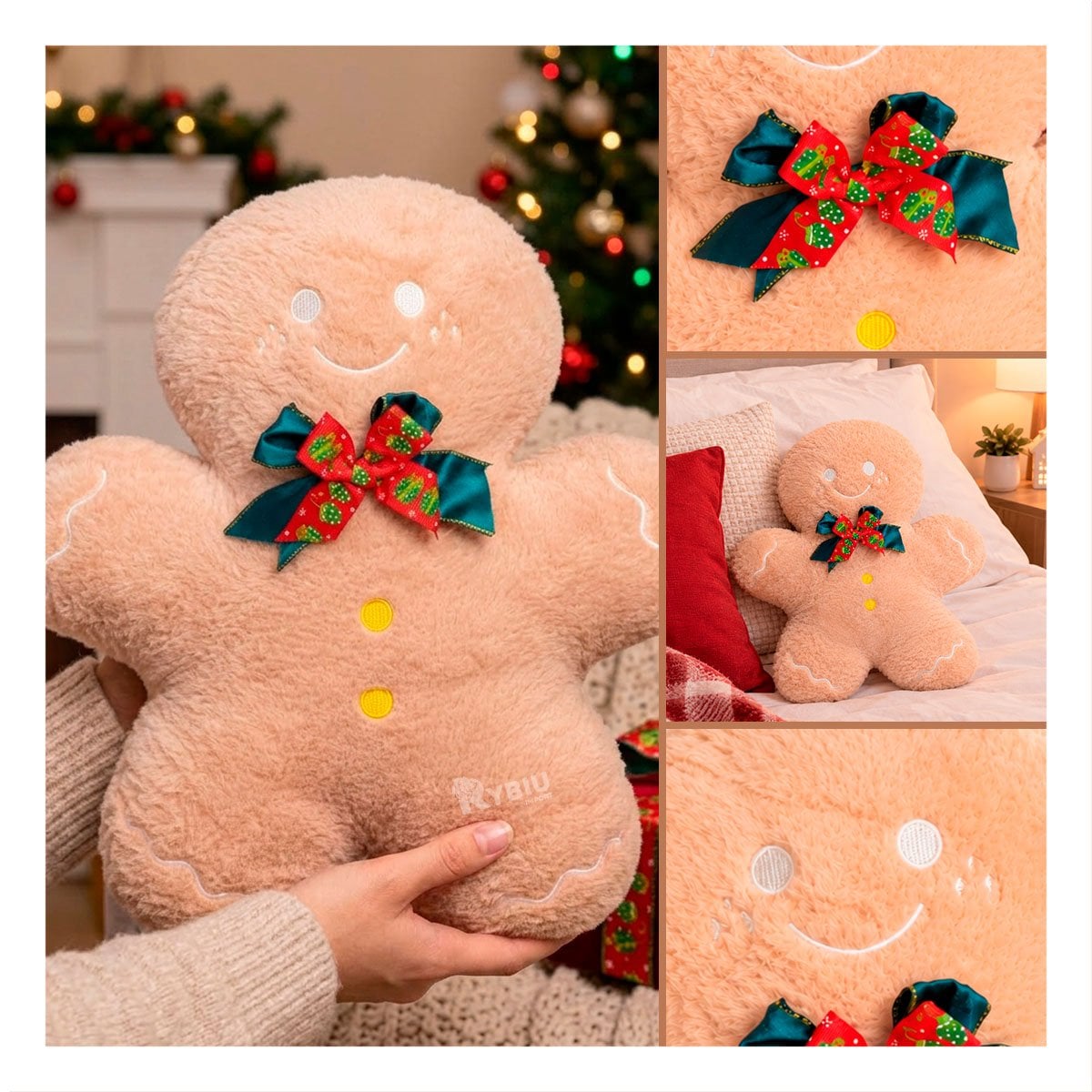 COJIN NAVIDENO CON DISENO DE JENGIBRE EN PELUCHE LISO BEIGE - 3
