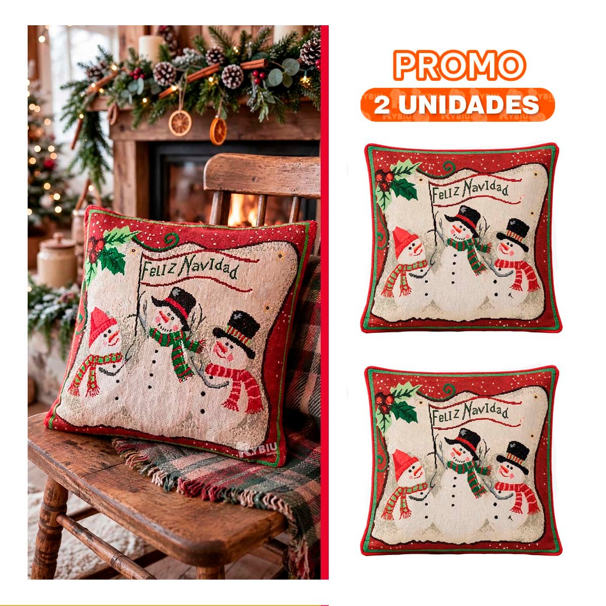 PACK2 PROTECTOR DE ALMOHADA CON 3 MUNECOS DE NIEVE 45X45CM ROJO YPAPEL REGALO - 1