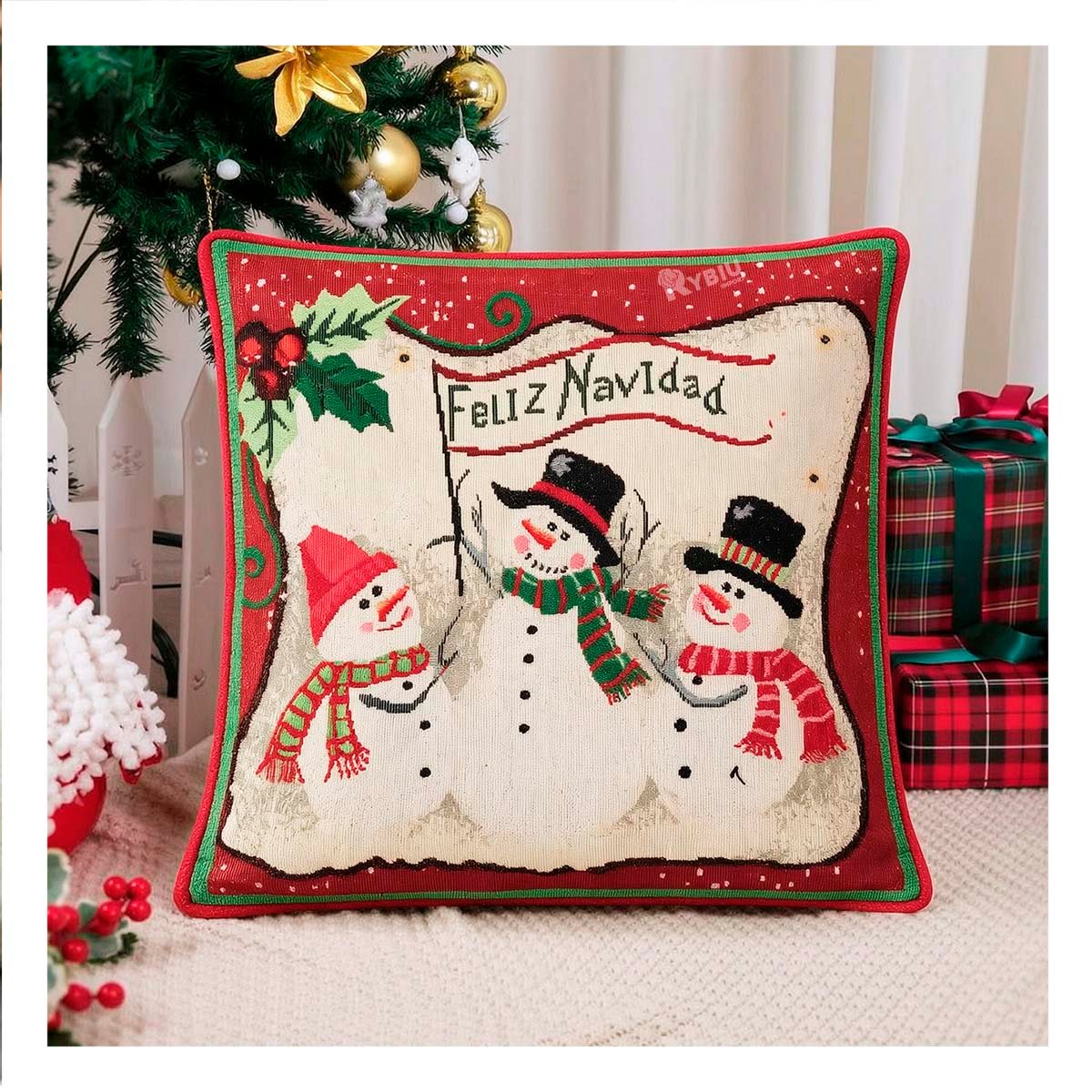 FUNDA DE ALMOHADA CON CARTEL NAVIDENO 45X45CM ROJO Y REGALO STICKER - 1