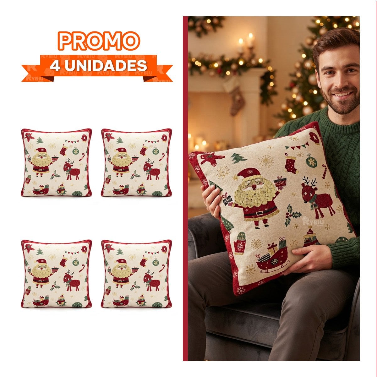 PACK4 ALMOHADA CON ESTAMPA DE NAVIDAD BEIGE YPAPEL REGALO - 1