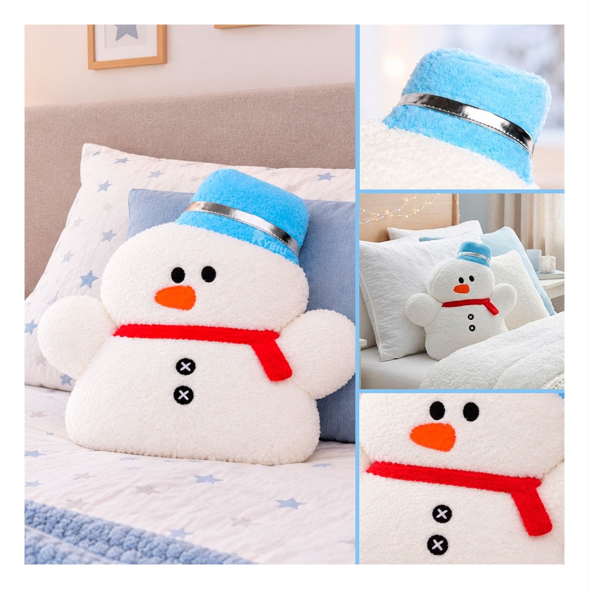 ALMOHADON DECORATIVO CON FIGURA DE MUNECO DE NIEVE BLANCO Y PAPEL REGALO - 3