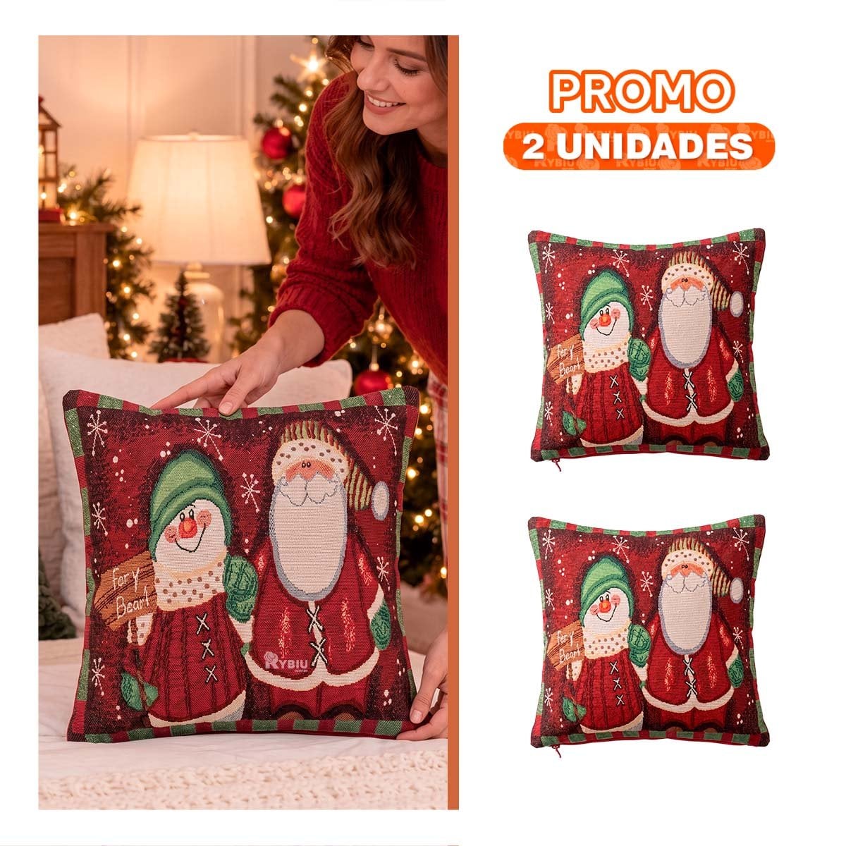 PACK2 PROTECTOR DE ALMOHADA CON SANTA Y MUNECO DE NIEVE 45X45CM ROJO YPAPEL REGALO - 1