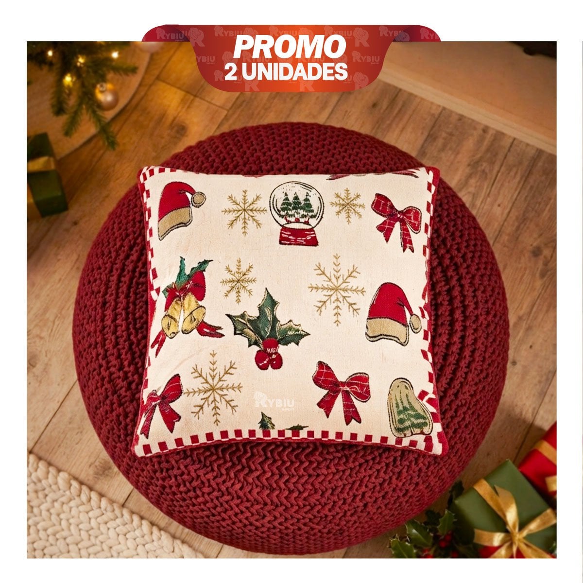 PACK2 COJIN CON ESTAMPA NAVIDENA PARA CASA BEIGE YREGALO STICKER - 1