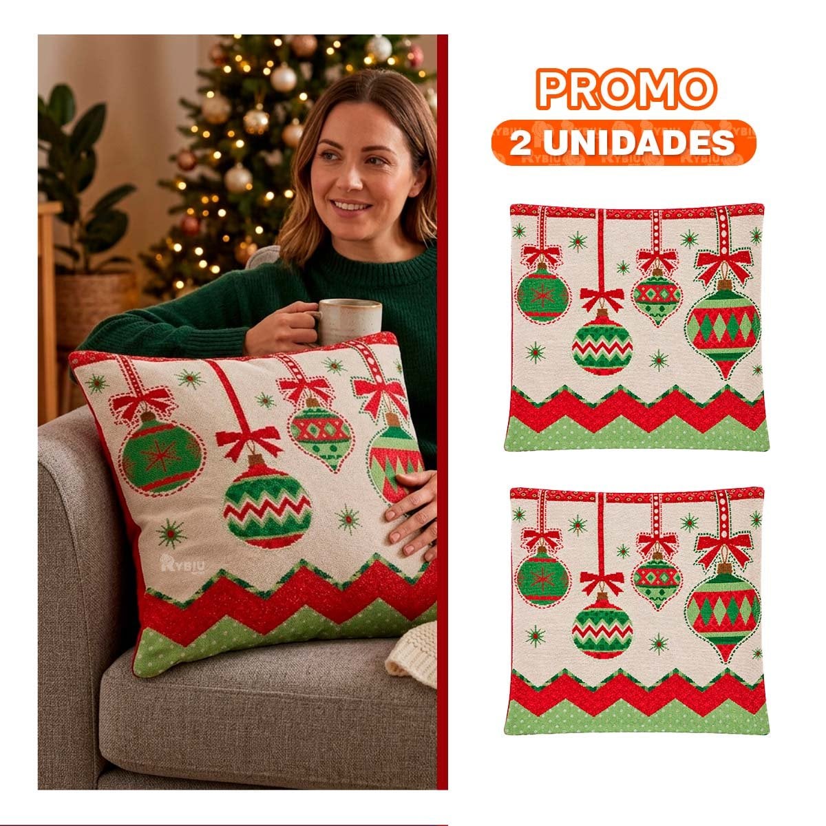 PACK2 PROTECTOR DE ALMOHADA CON ESFERAS NAVIDENAS 45X45CM BEIGE YPAPEL REGALO - 1