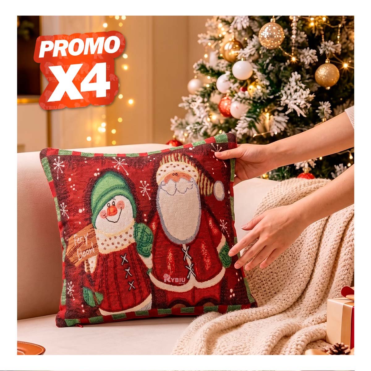 PACK4 FORRO DE ALMOHADA PARA NAVIDAD 45X45CM ROJO YREGALO STICKER - 1