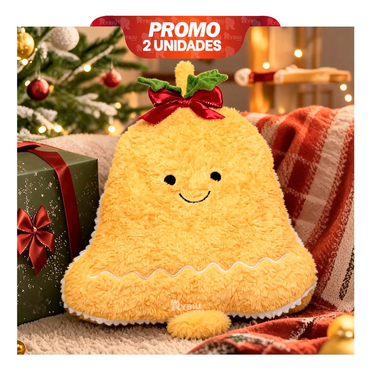 PACK2 COJIN ACOLCHADO CON FIGURA DE CAMPANA NAVIDENA AMARILLO YPAPEL REGALO - 1