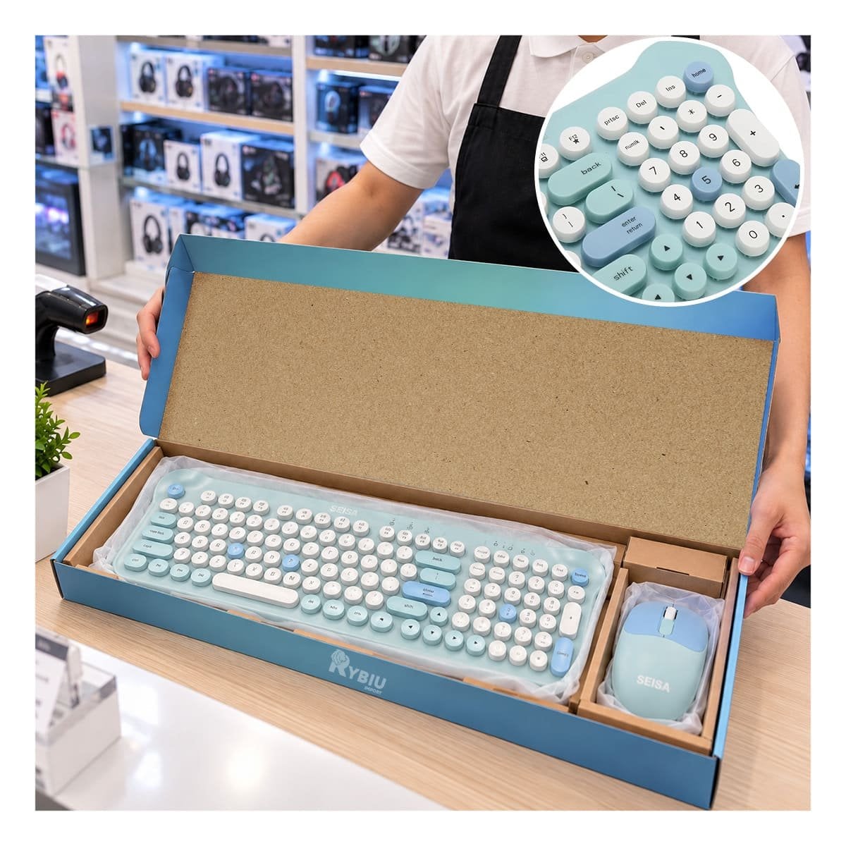 TECLADO Y MOUSE INALAMBRICOS DE DISENO COMPACTO CELESTE - 1