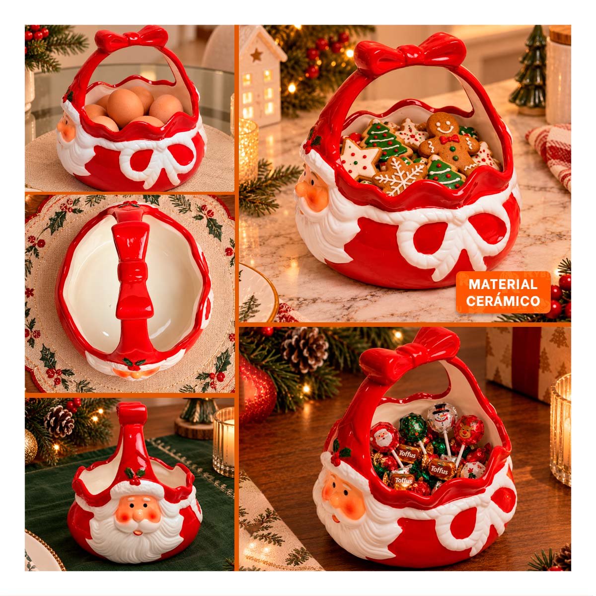 SOPORTE PARA HUEVO ROJO CON SANTA Y LAZO DECORATIVO PARA NAVIDAD YPAPEL REGALO - 3