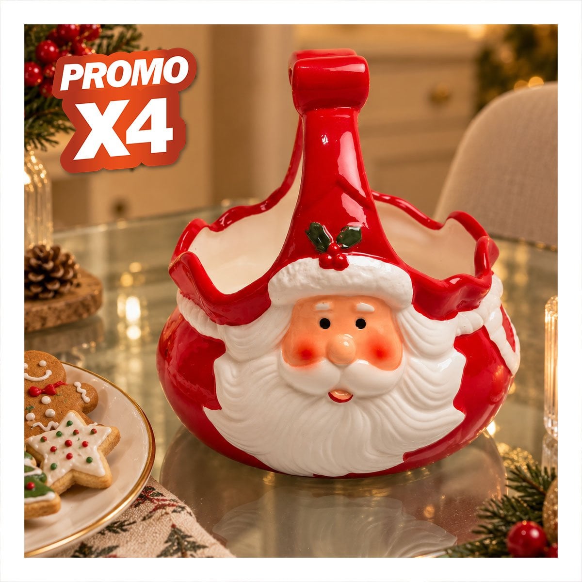 PACK4 HUEVERA ROJA CON FIGURA SANTA Y LAZO PARA MESA NAVIDEÑA YPAPEL REGALO - 1