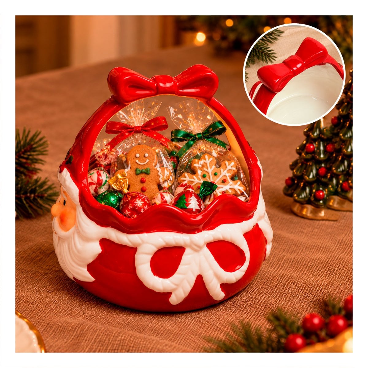 PACK4 HUEVERA ROJA CON FIGURA SANTA Y LAZO PARA MESA NAVIDEÑA YPAPEL REGALO - 3