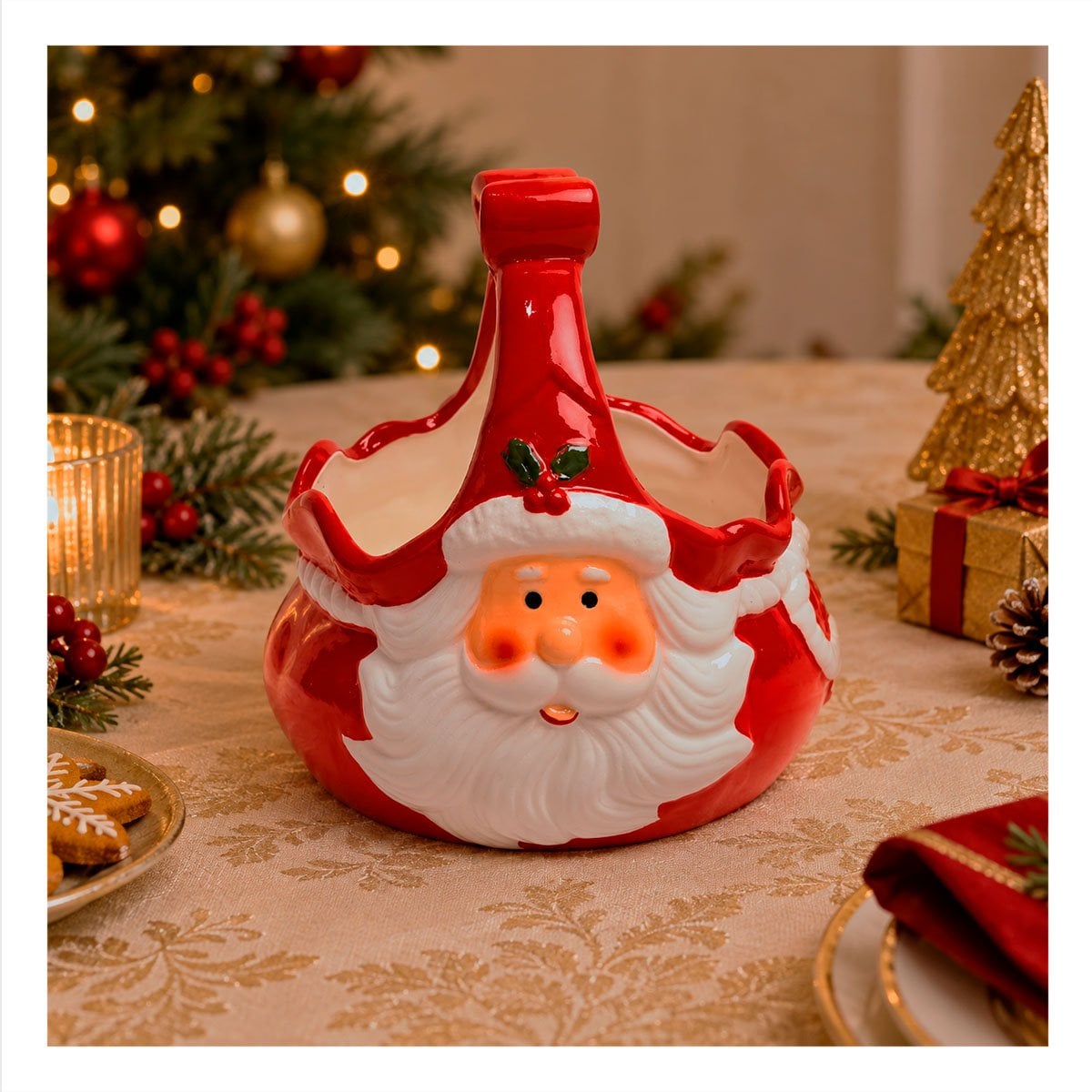 BASE PARA HUEVO ROJO CON DISEÑO SANTA Y LAZO PARA MESA FESTIVA YREGALO STICKER - 1