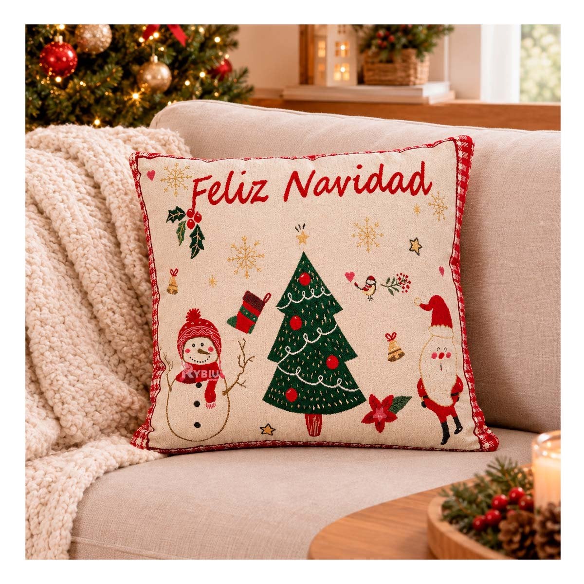 COJIN DECORATIVO PARA SOFA CON FIGURA DE PINO BEIGE Y REGALO STICKER - 1