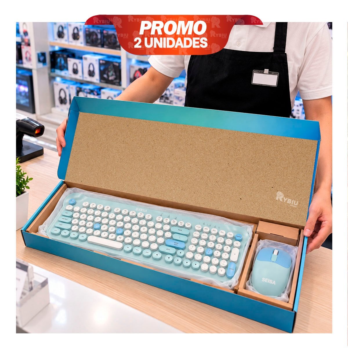 PACK2 EQUIPO DE TECLADO Y MOUSE INALAMBRICOS PARA PC CELESTE YPAPEL REGALO - 1