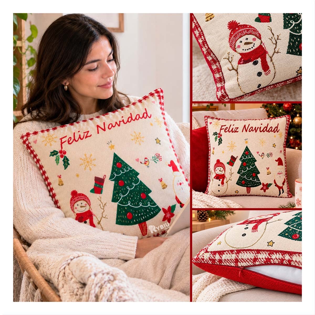 ALMOHADON NAVIDENO CON MOTIVO DE PINO BEIGE Y LIGAS REGALO - 3
