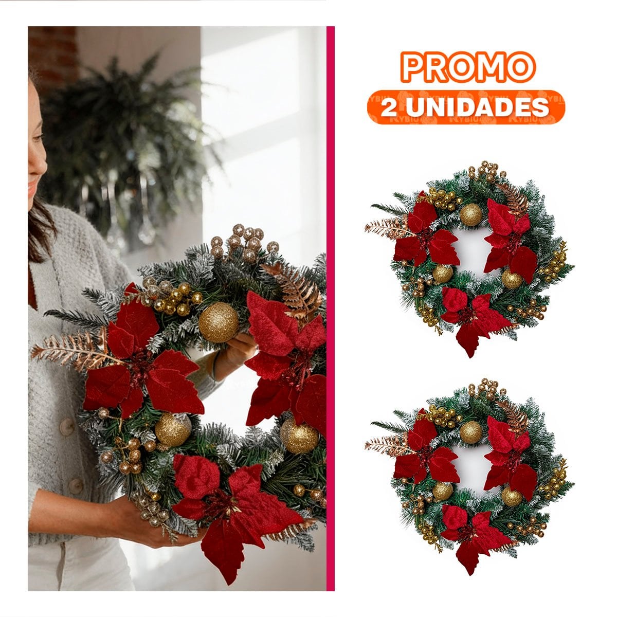 PACK2 CORONA PARA NAVIDAD CON RACIMOS Y FLORES VERDE YPAPEL REGALO - 1