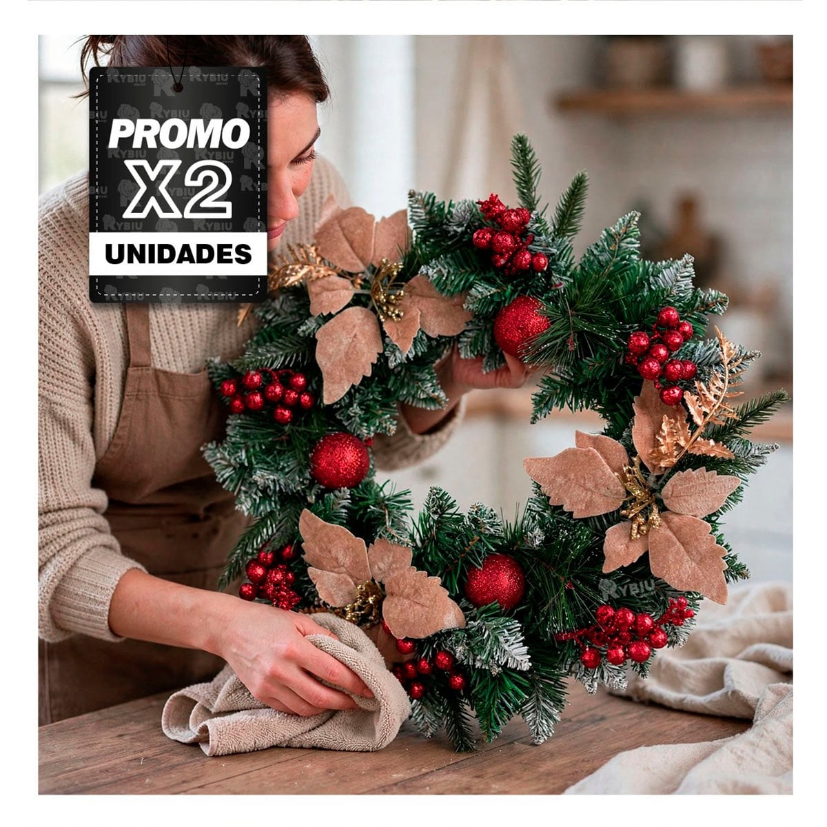 PACK2 ARO CON FLORES BEIGE Y FRUTOS ROJOS PARA PUERTA VERDE - 1