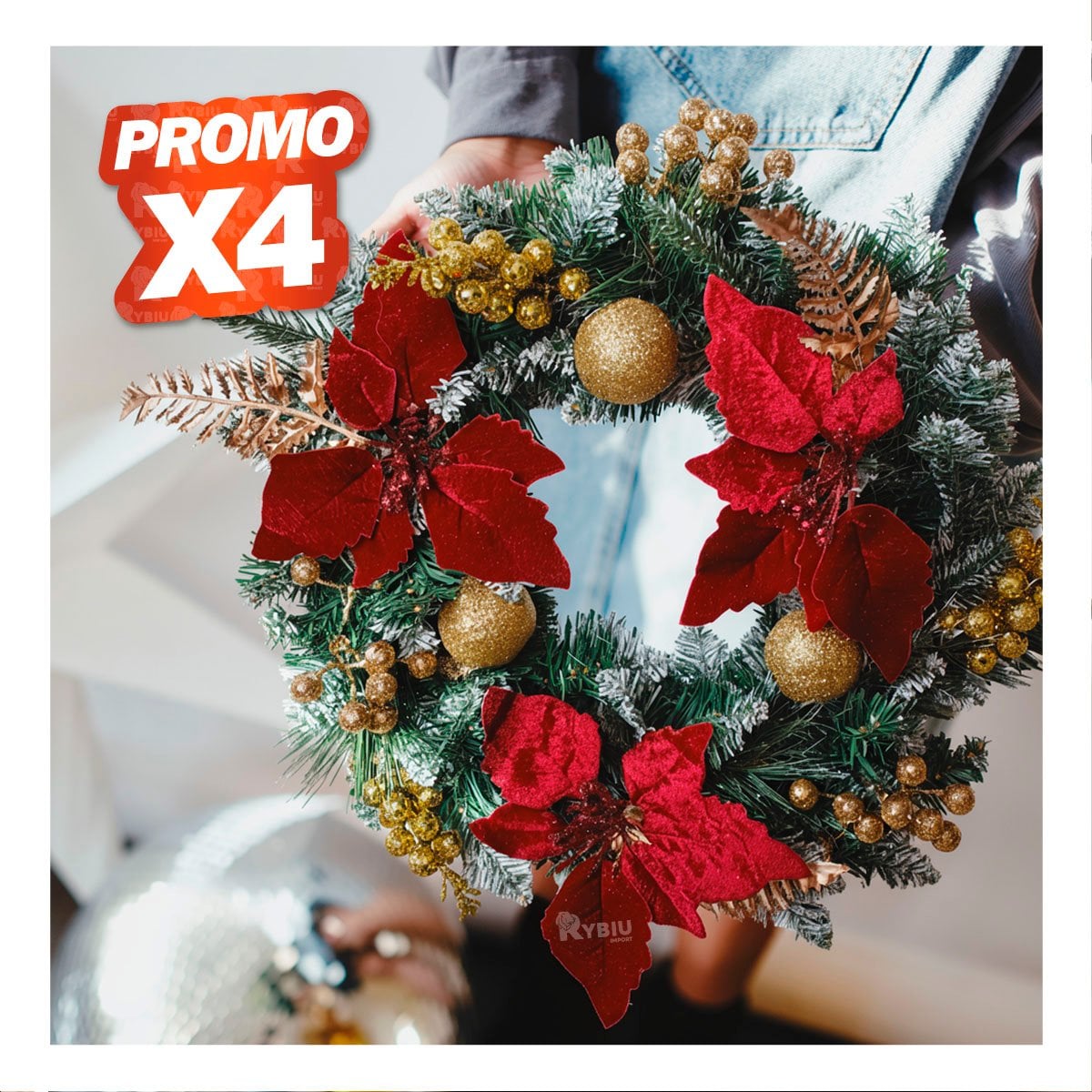 PACK4 ARO CON FLORES ROJAS Y FRUTOS DORADOS PARA PUERTA VERDE YREGALO STICKER - 1