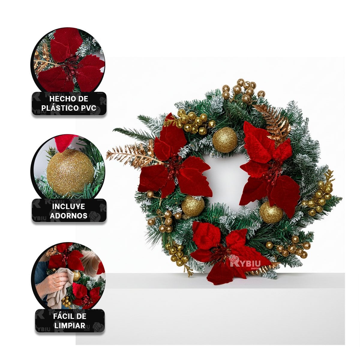PACK4 ARO CON FLORES ROJAS Y FRUTOS DORADOS PARA PUERTA VERDE YREGALO STICKER - 4