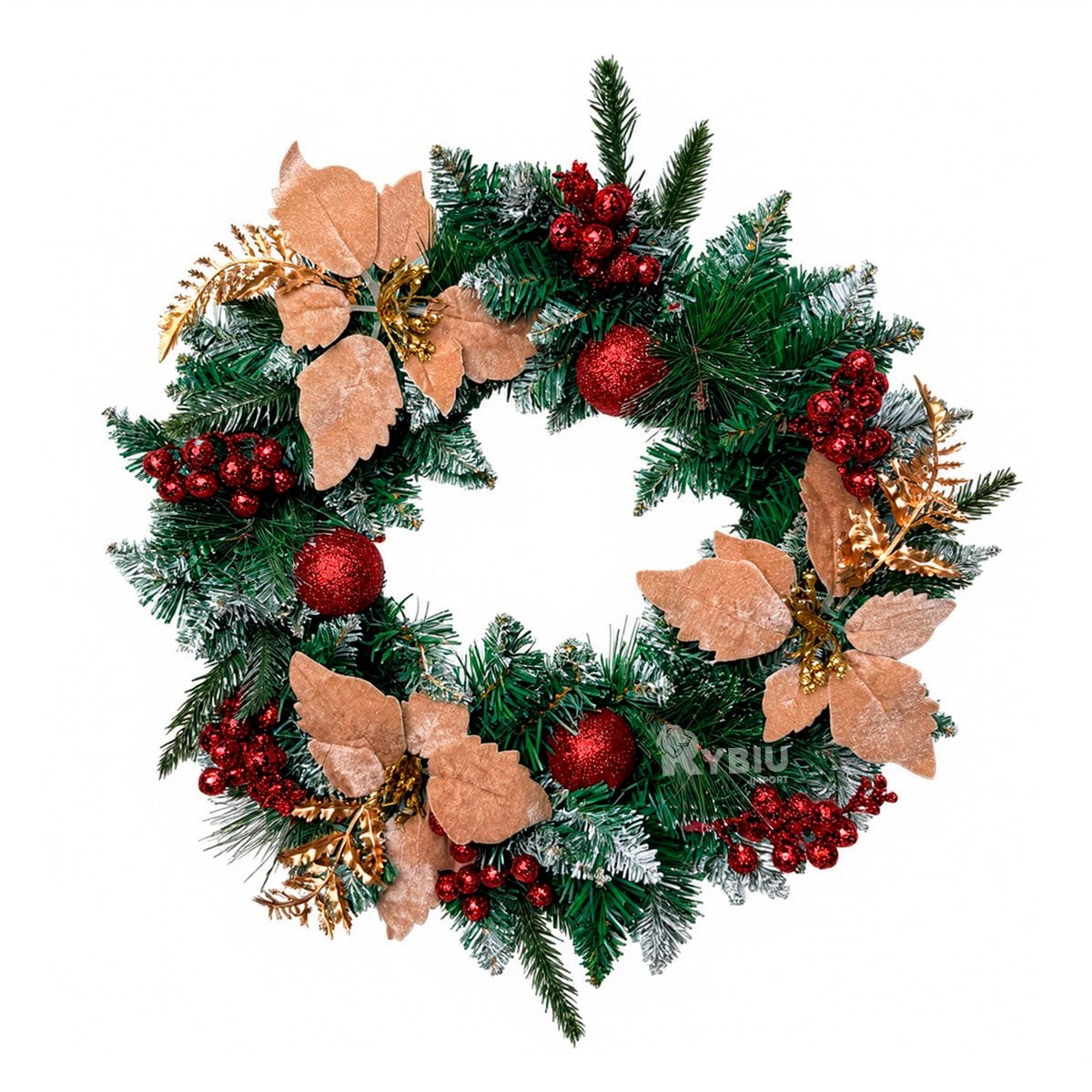 CORONA DE NAVIDAD CON FLORES BEIGE Y PINO VERDE Y LIGAS REGALO - 1